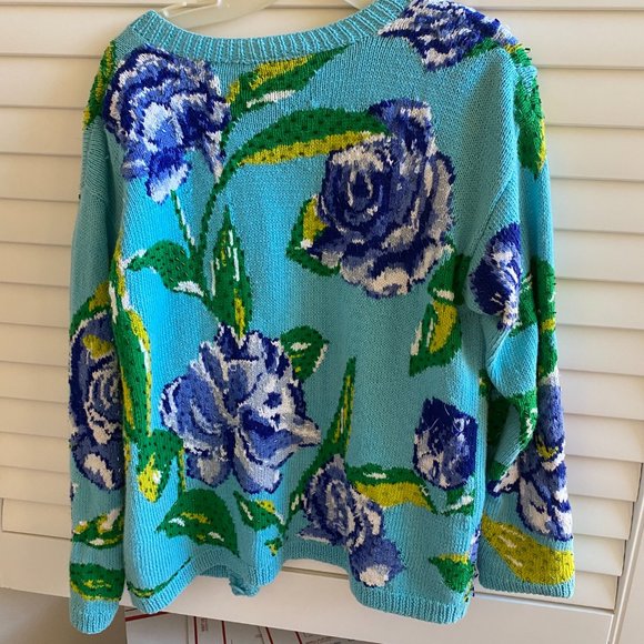 Vintage Adrienne Vittadini 90s Floral Knit Cardigan Sequin Sweater - Picture 5 of 7